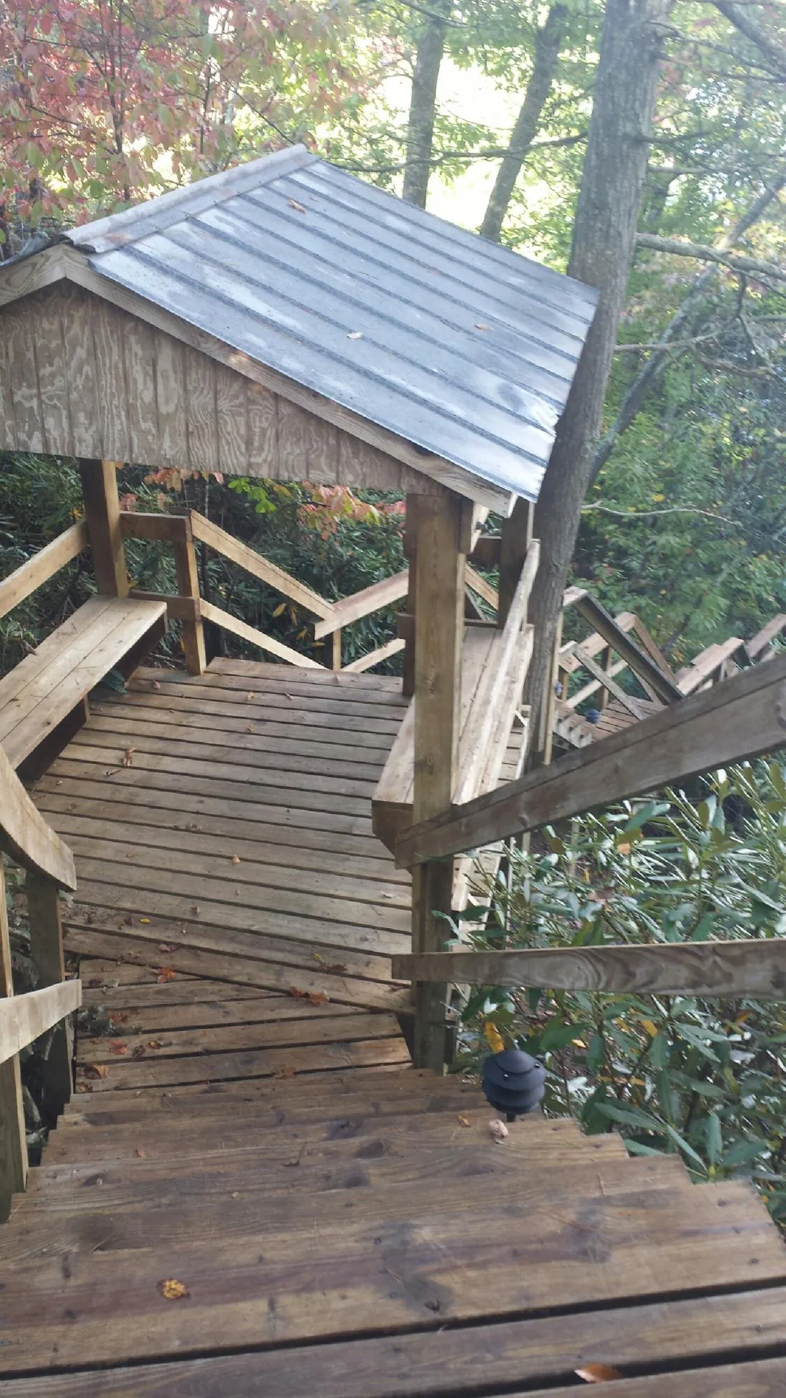 Metal roofed shelter over wooden steps on a wooded walkway — Skylight Repair & Installation work by our crew in Kimbolton